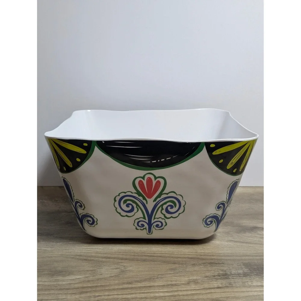 Pier 1 Imports Melamine Square Serving Bowl White Floral Scroll Pattern BPA Free